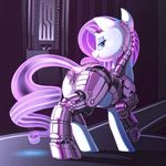  blue_eyes cybernetics cyborg detailed_background dimfann equine eyelashes female feral friendship_is_magic fur hair hooves horn machine mammal my_little_pony nude purple_hair rarity_(mlp) robotics smile solo standing unicorn white_fur 