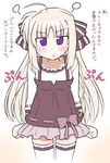  :t ahoge blush bow commentary_request hair_bow long_hair looking_at_viewer lyrical_nanoha purple_eyes rainbowcard rinne_berlinetta solo thighhighs translation_request vivid_strike! zettai_ryouiki 