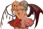  bangs bare_shoulders bat_wings blonde_hair blue_hair bow cheek-to-cheek chestnut_mouth collarbone dress eredhen face-to-face fingernails flandre_scarlet hair_between_eyes hair_bow hands_together highres holding_hands imminent_kiss incest interlocked_fingers jpeg_artifacts lavender_dress looking_at_viewer multiple_girls nail_polish parted_lips red_bow red_dress red_eyes red_nails remilia_scarlet short_dress short_hair siblings side_ponytail simple_background sisters sleeveless sleeveless_dress thighhighs touhou white_background wings yuri 