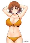  &gt;:) abe_inori armpits arms_behind_head arms_up bangs bare_arms bare_shoulders bikini blush breasts brown_eyes brown_hair cleavage closed_mouth collarbone cowboy_shot ear_piercing flipped_hair honda_mio idolmaster idolmaster_cinderella_girls large_breasts looking_at_viewer navel orange_bikini piercing smile solo stomach swimsuit twitter_username v-shaped_eyebrows 