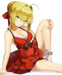  ahoge arm_support bare_legs blonde_hair bobby_socks breasts cleavage closed_mouth collarbone dress eredhen fate/extra fate_(series) green_eyes grey_legwear hair_bun hair_ribbon hand_on_own_knee highres knee_up layered_dress looking_at_viewer medium_breasts modern_costume_of_crimson nail_polish nero_claudius_(fate) nero_claudius_(fate)_(all) red_dress red_nails red_ribbon ribbon seductive_smile short_hair sitting sleeveless sleeveless_dress smile socks solo tsurime 