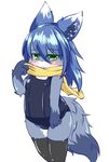  artist_request blue_hair fox furry green_eyes long_hair scarf stocking swimsuit 