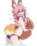  animal_ears ass bikini blue_bikini breasts chan_co eyebrows_visible_through_hair fang fate/grand_order fate_(series) fox_ears fox_tail hair_ribbon heart heart_in_mouth holding_tail large_breasts long_hair looking_at_viewer looking_back open_mouth pink_hair ribbon sideboob solo swimsuit tail tamamo_(fate)_(all) tamamo_no_mae_(fate) tamamo_no_mae_(swimsuit_lancer)_(fate) underboob water yellow_eyes 