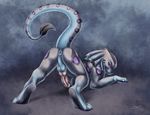  2015 all_fours animal_genitalia animal_penis anthro anus ass_up backsack balls butt claws digitigrade dragon erection frill fur gloves_(marking) head_frill hi_res knot looking_at_viewer looking_back male markings multicolored_fur open_mouth penis perineum pink_eyes presenting presenting_hindquarters purple_eyes raised_tail sabretoothed_ermine scalie smile socks_(marking) solo spots tail_tuft tuft 