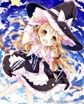  :d blue_sky broom broom_riding brown_eyes cloud cloudy_sky curiosities_of_lotus_asia hat holding kirisame_marisa light_brown_hair long_hair looking_at_viewer mochizuki_shiina open_mouth sitting sky smile solo star touhou witch_hat wrist_cuffs 