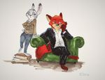  2016 anthro barefoot book canine chair clothed clothing crossed_legs disney duo female fox green_eyes half-closed_eyes hand_on_hip judy_hopps lagomorph leaning looking_at_viewer male mammal monoflax nick_wilde purple_eyes rabbit simple_background sitting white_background zootopia 