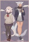  animal_ears aqua_eyes black_legwear blonde_hair cardigan cat_ears cat_tail dark_skin final_fantasy final_fantasy_xiv grey_hair loose_socks miqo'te multiple_girls pantyhose purple_eyes scarf school_uniform serafuku skirt socks tail wagashi_(goma_dango) 