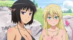  2girls animated animated_gif bikini blonde_hair breasts huge_breasts licking_lips lotte_no_omocha! mercelida_ygvar multiple_girls pointy_ears swimsuit tail tongue topless ursula_sumarlidi 