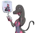  4chan ambiguous_gender english_text eyelashes female lizard looking_at_viewer nintendo phone pok&eacute;mon purple_eyes reptile salazzle scalie simple_background solo text unknown_artist video_games white_background 