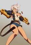  assisted_exposure belt blazblue blood breasts bullet_(blazblue) dark_skin denim denim_shorts feguimel fingerless_gloves gloves highres large_breasts long_legs midriff navel nipples one_breast_out one_eye_closed open_clothes open_shirt scar shirt shorts solo wardrobe_malfunction white_hair yellow_eyes 
