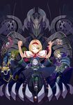  4girls alice_margatroid blonde_hair crossover doll doll_joints dragon duel_monster el_shaddoll_construct el_shaddoll_wendigo el_shaddoll_winda eyebrows eyelashes eyes_closed green_hair ishii_(young-moon) multiple_girls one_eye_closed red_ribbon ribbon smile staff string touhou yu-gi-oh! 