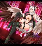  1girl animal_ears bare_shoulders black_gloves black_legwear boots breasts cat_ears cleavage_cutout elbow_gloves female flying full_body gloves high_heels highres horns huge_breasts kozuka_yashoku legs leopard_ears leopard_tail long_hair looking_at_viewer navel original pixiv_fantasia_t red_eyes solo tail tattoo thighhighs white_hair wings 