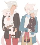  2girls aqua_eyes blonde_hair blush bob_cut cat_tail dark_skin dress dual_persona final_fantasy final_fantasy_xiv genderswap genderswap_(ftm) grey_hair miqo'te multiple_boys multiple_girls purple_hair short_hair shorts smile sweater tail wagashi_(goma_dango) 