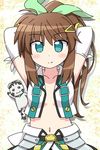  arms_behind_head blush_stickers bow brown_hair creature elbow_gloves fuuka_reventon gloves hair_bow hair_ornament hairclip long_hair lyrical_nanoha midriff navel open_clothes ponytail rainbowcard vivid_strike! 