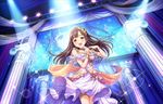  armband artist_request blush braid brown_eyes brown_hair dress hair_ornament idol idolmaster idolmaster_cinderella_girls idolmaster_cinderella_girls_starlight_stage jewelry long_hair microphone mizumoto_yukari necklace official_art pillar smile solo stage stage_lights 