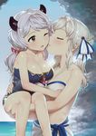  ;d bare_arms bare_legs bare_shoulders bikini black_swimsuit blush breasts brown_eyes camieux cleavage closed_eyes cucouroux_(granblue_fantasy) day draph dripping fingernails granblue_fantasy hair_ornament hair_ribbon hair_scrunchie horns kiss long_hair medium_breasts multiple_girls o-ring o-ring_bikini one_eye_closed open_mouth outdoors person_carrying pettan_p profile ribbon scrunchie siblings silver_hair sisters smile strapless strapless_swimsuit swimsuit tareme upper_body very_long_hair water water_drop wavy_hair wet white_bikini white_ribbon 