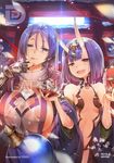  alcohol backlighting bangs black_gloves blue_eyes blunt_bangs blurry blush bottle breasts bust_cup cherry_blossoms cleavage commentary covered_nipples cup depth_of_field eyebrows_visible_through_hair fang fate/grand_order fate_(series) finger_licking fingerless_gloves full-face_blush gauntlets gloves hair_between_eyes half-closed_eyes hand_up hands_up holding horns japanese_clothes kimono kimono_pull lantern large_breasts licking light_rays long_hair looking_at_viewer minamoto_no_raikou_(fate/grand_order) multiple_girls naked_tabard night night_sky oni oni_horns open_mouth paper_lantern petals pouring purple_eyes purple_hair revealing_clothes sakazuki sake sake_bottle short_hair shuten_douji_(fate/grand_order) sky small_breasts smile tabard teddy_(khanshin) thick_eyebrows tongue tongue_out torii turtleneck upper_body watermark 