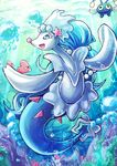  2016 blue_eyes blue_hair blue_skin bubble chinchou dashinoya detailed_background feral fin hair hair_ornament happy luvdisc marine nintendo pink_nose pok&eacute;mon primarina solo_focus starfish swimming underwater video_games water white_skin 