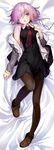  :o ankle_boots bare_shoulders bed_sheet black-framed_eyewear black_dress blush boots breasts brown_footwear brown_legwear dakimakura dress eyewear_removed fate/grand_order fate_(series) from_above full_body glasses grey_jacket hair_over_one_eye hand_on_own_chest highres jacket knee_up long_sleeves lying mash_kyrielight medium_breasts necktie off_shoulder on_back open_clothes open_jacket open_mouth pantyhose pink_hair purple_eyes red_neckwear shirabi short_hair sleeveless sleeveless_dress solo unzipped zipper 