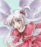  blue_eyes io_(maryann_blue) long_hair looking_at_viewer one_side_up shinki smile solo touhou touhou_(pc-98) white_hair wings 