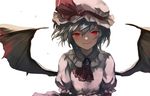  ascot bat_wings blush brooch closed_mouth eredhen frilled_shirt_collar frilled_sleeves frills grey_hair hair_between_eyes hat hat_ribbon highres jewelry lavender_hair looking_at_viewer mob_cap puffy_short_sleeves puffy_sleeves remilia_scarlet ribbon sad_smile short_hair short_sleeves simple_background skirt slit_pupils solo spread_wings tearing_up tears touhou vampire white_background wings 