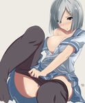  absurdres bad_id bad_pixiv_id blush breasts cleavage collarbone grey_background hair_ornament hairclip hamakaze_(kantai_collection) highres kantai_collection large_breasts looking_at_viewer panties pantyhose pantyhose_pull pantyhose_removed pink_panties silver_hair simple_background skirt solo unbuttoned unbuttoned_shirt underwear undressing yhogila-q 