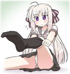  ahoge black_legwear bow feet hair_bow long_hair lyrical_nanoha open_mouth panties pleated_skirt purple_eyes rainbowcard rinne_berlinetta school_uniform serafuku silver_hair sitting skirt sock_pull solo underwear vivid_strike! white_panties 