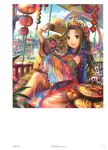  absurdres brown_hair china_dress chinese_clothes day detached_sleeves dress fan flower fuji_choko hair_ornament highres holding holding_fan huge_filesize long_hair open_mouth original outdoors pink_flower sitting solo tiger 