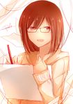  bad_id bad_pixiv_id brown_eyes brown_hair eyebrows_visible_through_hair glasses highres holding holding_pen looking_at_viewer open_mouth original pen peneko short_hair signature solo upper_body 
