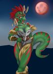  anthro argonian armor breasts brown_feathers derangedrake feathers female fur hand_on_hip looking_at_viewer moon red_eyes red_feathers scalie skyrim solo the_elder_scrolls video_games 