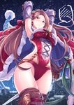  akita_hika armor armpits arms_up blush boots breasts brown_hair cape christmas embarrassed fur_trim granblue_fantasy highres katalina_aryze large_breasts leotard long_hair looking_at_viewer red_leotard solo sweat sword thighhighs trembling weapon 