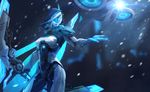  ashe_(league_of_legends) blurry bodysuit bow_(weapon) closed_mouth contrapposto covered_navel cowboy_shot cyborg depth_of_field drone flying glowing highres holding holding_bow_(weapon) holding_weapon hood ice league_of_legends legs_apart lens_flare light looking_to_the_side motion_blur mu_ye_jun outstretched_arm outstretched_hand power_armor project:_ashe shoulder_armor snowing solo spaulders standing visor weapon white_hair 