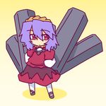  chibi commentary_request hand_on_hip kakinoki_mikan_(kari) long_sleeves onbashira purple_hair red_eyes red_shirt red_skirt shirt short_over_long_sleeves short_sleeves skirt skirt_set solo touhou white_legwear yasaka_kanako 