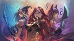  ahri ashe_(league_of_legends) bare_shoulders black_hair blade blue_eyes bow_(weapon) breasts cleavage gloves katarina_du_couteau league_of_legends lips long_hair looking_at_viewer medium_breasts midriff multiple_girls navel red_eyes red_hair scar sideboob since tattoo weapon white_hair yellow_eyes 