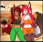  black_nose braided_hair brown_fur canine clothed clothing detailed_background duo eyes_closed female fox fur hair inside mammal midriff navel pink_fur pink_hair purrchinyan red_hair smile standing teeth underwear wide_hips 