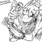  anthro chainsaw dokiestudioz dragon duo feline feral male mammal monochrome teeth tongue tongue_out tools violence 