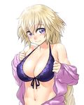  bare_shoulders bikini bikini_top blush braid breasts cleavage closed_mouth collarbone covered_nipples embarrassed eyebrows_visible_through_hair fate/apocrypha fate_(series) front-tie_bikini front-tie_top highres jacket jeanne_d'arc_(fate) jeanne_d'arc_(fate)_(all) large_breasts long_hair long_sleeves looking_at_viewer navel nervous_smile nose_blush off_shoulder onsoku_maru open_clothes open_jacket pink_jacket purple_bikini purple_bikini_top purple_eyes simple_background single_braid sleeves_past_wrists solo stomach swimsuit upper_body very_long_hair white_background 