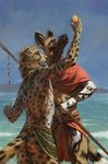  anthro armband beach brown_eyes butt cheetah clothing digital_media_(artwork) duo feline fur male mammal melee_weapon nomax notched_ear outside polearm seaside spear spots spotted_fur spotthecat tribal water weapon whiskers 