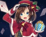  aqua_eyes bell blush bow brown_hair christmas cropped gloves hat original short_hair warabimochi_kinako 