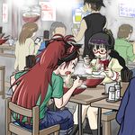  3girls akemi_homura bandana beer_mug black_hair black_legwear brown_hair chair chopsticks commentary_request eating fang food glasses glasses_day green_shirt knives_(knives777) mahou_shoujo_madoka_magica multiple_boys multiple_girls noodles open_mouth partial_commentary ponytail poster_(object) ramen red-framed_eyewear sakura_kyouko school_uniform semi-rimless_eyewear shirt short_hair sitting spoon t-shirt table tenkaippin under-rim_eyewear 