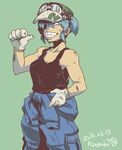  2016 artist_name bare_shoulders blue_hair camisole collarbone cowboy_shot dated gloves goggles goggles_on_headwear green_background grin hair_bobbles hair_ornament hair_over_one_eye hat jumpsuit kawashiro_nitori looking_at_viewer pointing pointing_at_self ratenbo simple_background smile solo standing sweat teeth thumb touhou two_side_up 