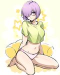  breasts cushion downscaled fate/grand_order fate_(series) glasses green_shirt hair_over_one_eye highres looking_at_viewer mash_kyrielight md5_mismatch medium_breasts midriff navel no_pants panties pink_panties purple_eyes purple_hair resized shimo_(s_kaminaka) shirt simple_background sitting solo star tank_top underwear wariza white_background 