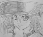 1girl artist_request bare_shoulders breasts dark_magician_girl duel_monster female hat long_hair looking_at_viewer magical_girl monochrome smile solo traditional_media wizard_hat yu-gi-oh! yuu-gi-ou_duel_monsters 