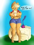  2016 absurd_res anthro anthrofied applejack_(mlp) areola big_breasts blonde_hair boots breasts clothed clothing denim_shorts dialogue earth_pony english_text equine female fingerless_gloves flask footwear freckles friendship_is_magic gloves green_eyes hair hi_res horse huge_breasts long_hair mammal my_little_pony navel nipples pony shorts solo suirano text torn_clothing 