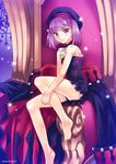  bare_shoulders barefoot fate/grand_order fate_(series) flat_chest hat helena_blavatsky_(fate/grand_order) highres looking_at_viewer purple_eyes purple_hair sato-pon short_hair smile solo strapless throne 