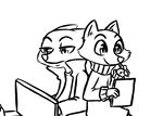  2016 anthro black_and_white clothed clothing computer disney duo fan_character female holding_object inkyfrog laptop male mammal mongoose monochrome pen simple_background tablet white_background zootopia 