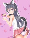  1girl :o animal animal_ears ass bangs bare_arms bare_shoulders black_hair blue_eyes blush bug butterfly cat_ears cat_girl cat_tail commentary_request eyebrows_visible_through_hair fake_animal_ears fingernails hair_between_eyes hairband highres insect kemonomimi_mode long_hair looking_at_viewer looking_back michou panties parted_lips paw_pose pink_background pink_hairband pleated_skirt red_skirt shirosaki_hana shirt skirt sleeveless sleeveless_shirt solo star starry_background striped striped_panties tail tail_raised underwear very_long_hair watashi_ni_tenshi_ga_maiorita! white_shirt 