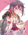  akebono_(kantai_collection) anchor_symbol bell bowl chopsticks eating flower food hair_bell hair_flower hair_ornament itomugi-kun japanese_clothes jingle_bell kantai_collection kimono long_hair machinery noodles obi pink_kimono purple_eyes purple_hair sash side_ponytail smokestack solo udon very_long_hair yukata 