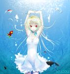  blonde_hair dress fish kudou_(wil0830s) original red_eyes short_dress solo underwater water white_dress 
