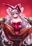  absurdly_long_hair animal_ears armpits arms_behind_head bow breasts bunny_ears bunny_girl bunnysuit cameltoe commentary_request fake_animal_ears fujiwara_no_mokou hair_bow high_heels large_breasts long_hair nipples pantyhose puffy_nipples red_eyes setsuna_rio silver_hair solo spread_legs touhou very_long_hair 